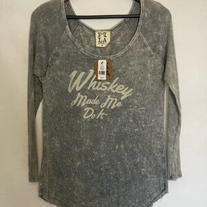 NWT PPLA Whiskey Made Me Do It Charcoal Long Sleeve Scoop Graphic Tee Medium NEW